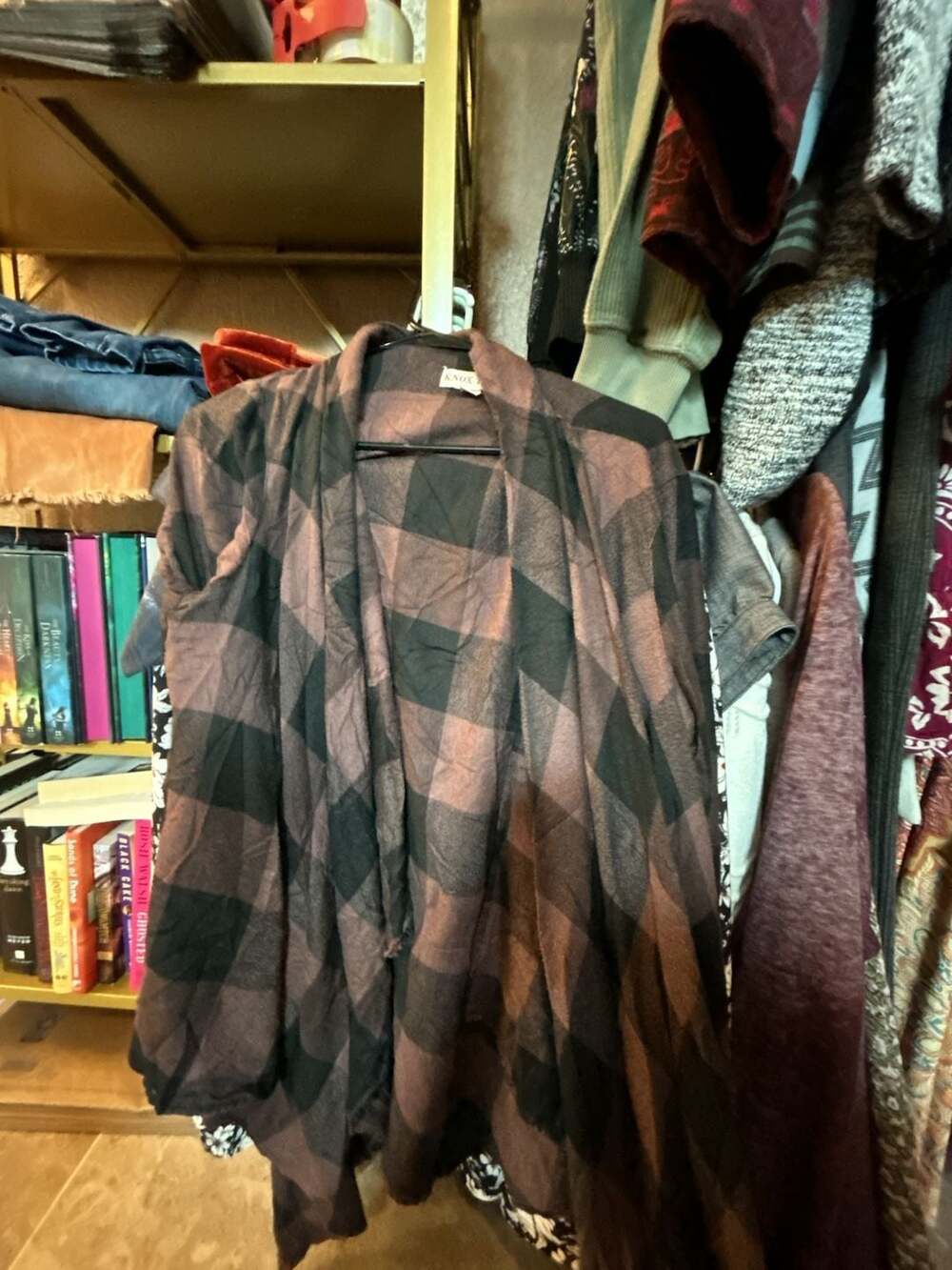 Knox Rose Plaid Waterfall Cardigan Size L Brown Black Open Front